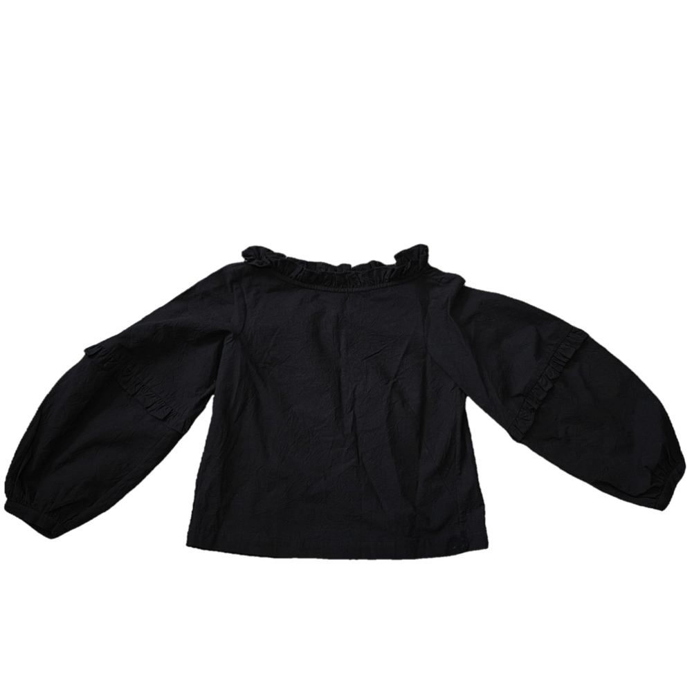 Handmade 1980s Black Ruffle Blouse – 100% Cotton (XS)